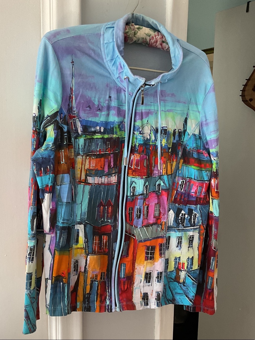 G002. Painted Cityscape Zip-Up Bomber Jacket - Blue Multi